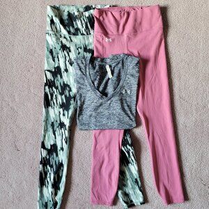 Under Armour Size XS Lot -  2 Motion Leggings Fitted Ankle Leg & Gray Top